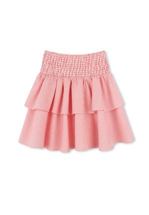 Red and white striped tiered skirt with an elastic waistband. Features three ruffled layers and a lightweight fabric for comfort.