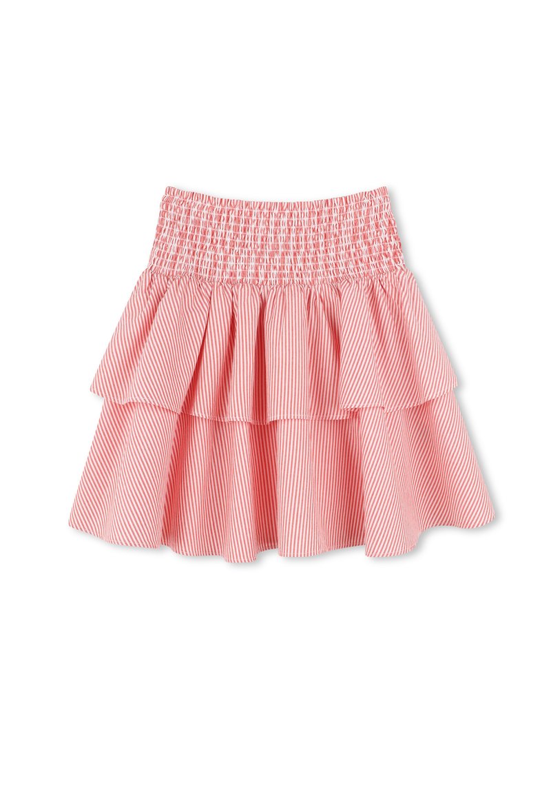 Jupe à volants rayée rouge et blanche avec taille élastique. Comprend trois couches froncées et un tissu léger pour plus de confort.