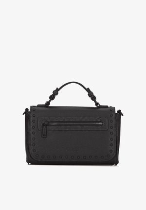 Zwarte leren handtas met handvat aan de bovenzijde, voorvak met ritssluiting en decoratieve ronde studs langs de randen van de flap.