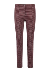 Pantaloni con un motivo geometrico in rosso e nero, realizzati in un tessuto liscio, con un design aderente e chiusura a bottone standard.