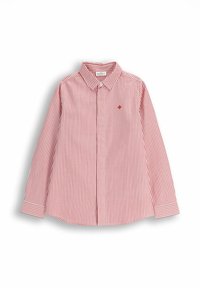 Czerwona i biała koszula w paski z długim rękawem i kołnierzykiem na guziki, z małym haftowanym logo na klatce piersiowej oraz zapięciami na guziki.