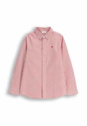 Czerwona i biała koszula w paski z długim rękawem i kołnierzykiem na guziki, z małym haftowanym logo na klatce piersiowej oraz zapięciami na guziki.