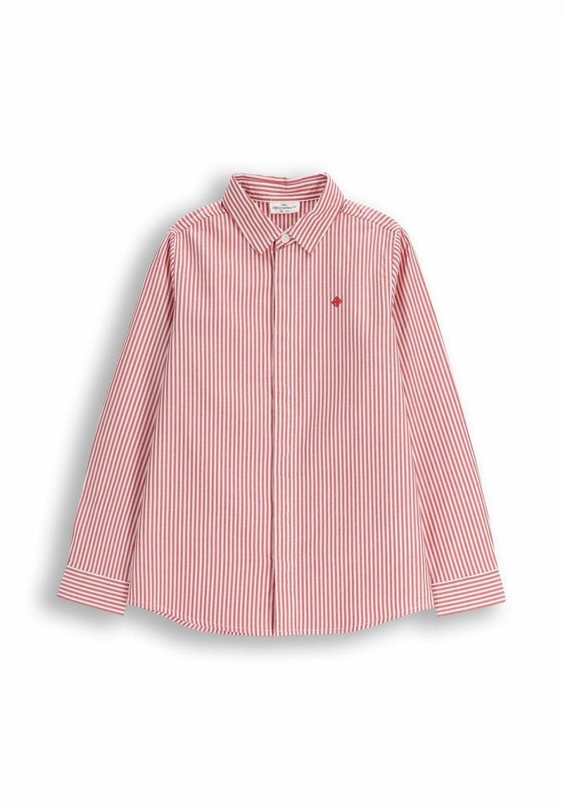 Czerwona i biała koszula w paski z długim rękawem i kołnierzykiem na guziki, z małym haftowanym logo na klatce piersiowej oraz zapięciami na guziki.