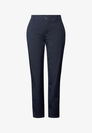 Navy blue, slim-fit pants made of smooth cotton blend fabric, featuring a front button closure and side pockets. Straight leg design.