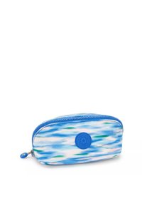 Blue pencil case with a watercolor design in light blue, green, and white. Features a blue zipper and a round logo patch on the front.