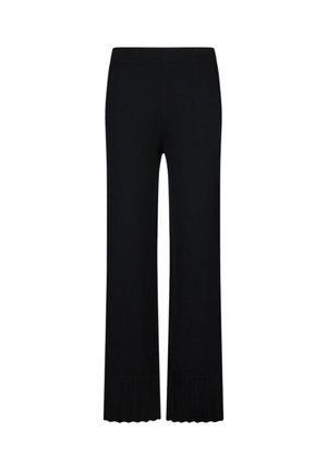 Pantaloni neri in maglia con silhouette svasata, caratterizzati da un dettaglio a bordo smerlato e testurizzato sul fondo. Tessuto liscio con cintura elastica in vita.