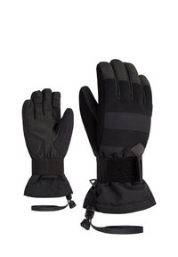 Gants noirs en tissu durable, dotés d'une prise texturée sur les doigts, d'une sangle en velcro au poignet et de poignets élastiqués pour un ajustement sécurisé.