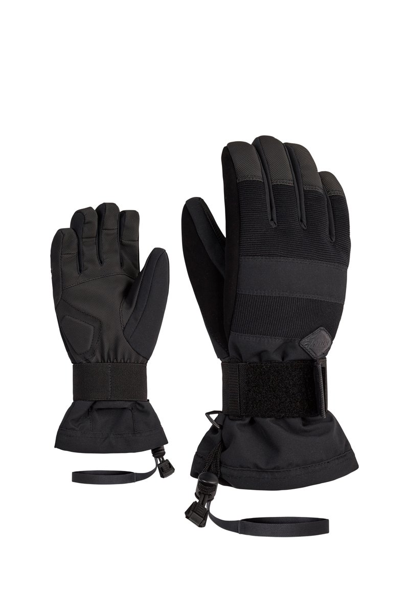 Gants noirs en tissu durable, dotés d'une prise texturée sur les doigts, d'une sangle en velcro au poignet et de poignets élastiqués pour un ajustement sécurisé.