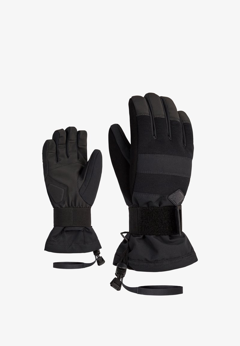 Gants noirs en tissu durable, dotés d'une prise texturée sur les doigts, d'une sangle en velcro au poignet et de poignets élastiqués pour un ajustement sécurisé.