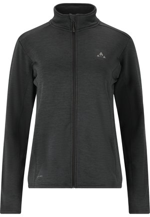 Schwarze Zip-Jacke aus strukturiertem Material, mit hohem Kragen, langen Ärmeln und einem dezenten Logo auf der oberen linken Seite.