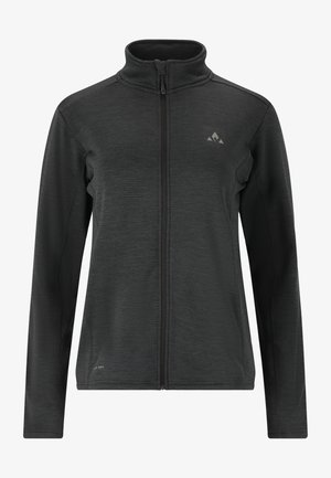 Schwarze Zip-Jacke aus strukturiertem Material, mit hohem Kragen, langen Ärmeln und einem dezenten Logo auf der oberen linken Seite.