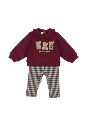 Completo per bambino con maglia a maniche lunghe color granata con tre orsacchiotti e la scritta "you're beary cute", abbinato a pantaloni marroni e beige a quadri.
