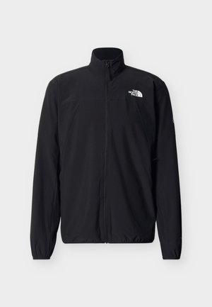 Zwarte North Face-jas met volledige ritssluiting, opstaande kraag, elastische manchetten en logo op de linkerborst en rechtermouw.