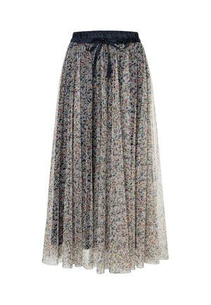 Lange, geplooide rok gemaakt van doorschijnende stof met een marineblauwe elastische tailleband. Voorzien van een meerkleurig bloemenpatroon over de gehele rok.