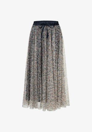 Lange, geplooide rok gemaakt van doorschijnende stof met een marineblauwe elastische tailleband. Voorzien van een meerkleurig bloemenpatroon over de gehele rok.