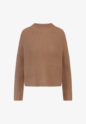 Brauner gestrickter Pullover mit gerippter Textur, Rundhalsausschnitt und langen Ärmeln, im lässigen Schnitt und mit cropped Saum.