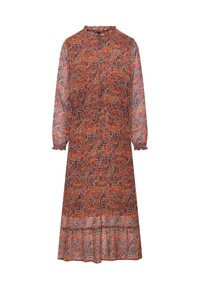 Robe midi à manches longues avec motif cachemire orange et marron, boutonnée sur le devant, taille élastique et poignets et ourlet à volants.