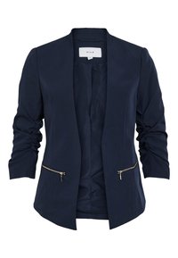 Námořnická modrá dámská blazer s nařasenými rukávy, otevřeným předním dílem a dvěma zlatými zipovými kapsami, označená "VILA" uvnitř límce.