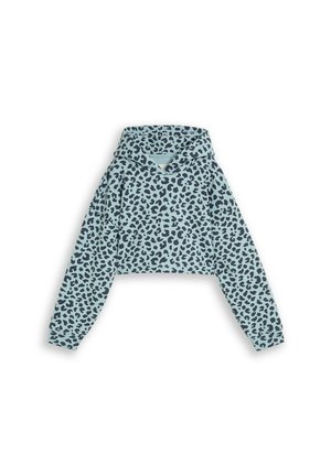 Sweat à capuche court bleu clair avec motif léopard noir et manches longues.