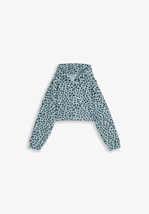 Sweat à capuche court bleu clair avec motif léopard noir et manches longues.