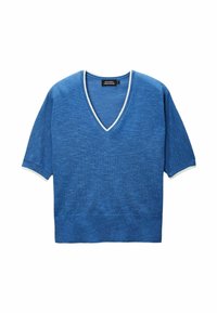 Pull col V à manches courtes de couleur bleue, fabriqué en tissu léger, avec des bordures blanches au niveau du col et des manches, offrant une coupe décontractée.
