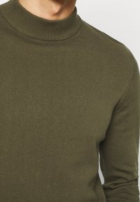 Maglione a maglia verde oliva con colletto alto a coste. Presenta una texture liscia e un design aderente, evidenziando le maniche e il girocollo a taglio vicino.