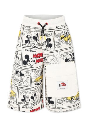 Shorts en coton blanc avec des imprimés en bande dessinée de Mickey Mouse de Disney en noir et jaune, avec une grande poche latérale et un cordon rouge.