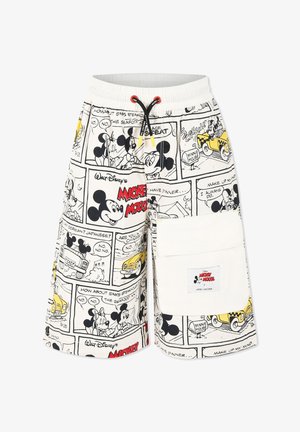 Shorts en coton blanc avec des imprimés en bande dessinée de Mickey Mouse de Disney en noir et jaune, avec une grande poche latérale et un cordon rouge.
