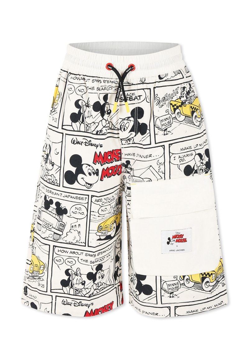 Shorts en coton blanc avec des imprimés en bande dessinée de Mickey Mouse de Disney en noir et jaune, avec une grande poche latérale et un cordon rouge.