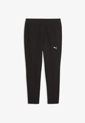 Sorte atletikbukser med tætsiddende pasform, elastisk linning og lille hvid Puma-logo på den øverste venstre lår.