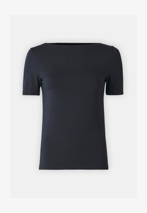 T-paita lyhythihainen, pyöreäkauluksinen tummansinisessä. Valmistettu sileästä kankaasta, muotoilu istuu päälle ja siinä on minimaaliset saumat siistin ilmeen vuoksi.