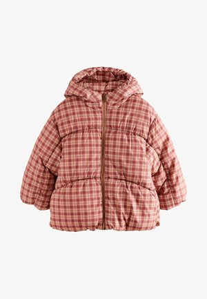 Veste en duvet à carreaux rose et rouge avec capuche et fermeture éclair avant, conçue pour la chaleur et le style décontracté.