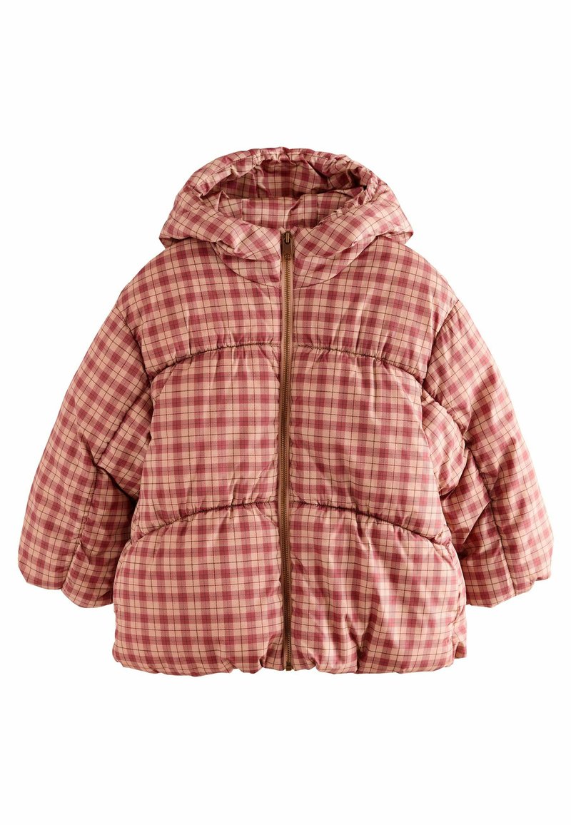 Rosa und rote karierte Steppjacke mit Kapuze und Frontreißverschluss, entworfen für Wärme und lässige Trageweise.