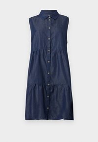 Sleeveless dark denim dress with a collared neckline, button front, and tiered design. Features a smooth texture and casual fit.