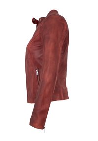 Rote Lederjacke mit tailliertem Design, hohem Kragen und Reißverschlusstaschen. Verfügt über strukturierte Einsätze und silberne Reißverschlüsse zur Schließung.