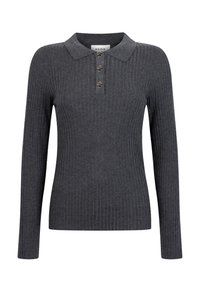 Donkergrijze geribbelde lange mouw polo trui met een klassieke kraag en een drieknoopsluiting met metalen accenten. Zachte gebreide stof.
