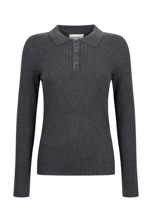 Donkergrijze geribbelde lange mouw polo trui met een klassieke kraag en een drieknoopsluiting met metalen accenten. Zachte gebreide stof.