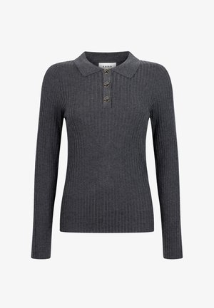 Dunkelgrauer, gerippter Langarm-Polo-Pullover mit klassischem Kragen und Drei-Knopf-Leiste mit metallischen Akzenten. Weiches Strickmaterial.
