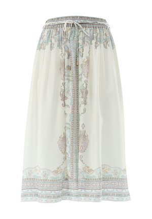 Weißer Rock mit pastellfarbenen Paisley- und Blumenmustern, elastischem Bund und Kordelzug vorne.