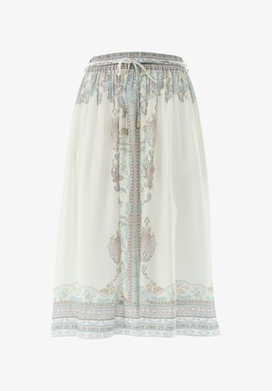 White skirt with pastel paisley and floral patterns, elastic waistband, and drawstring tie at the front.