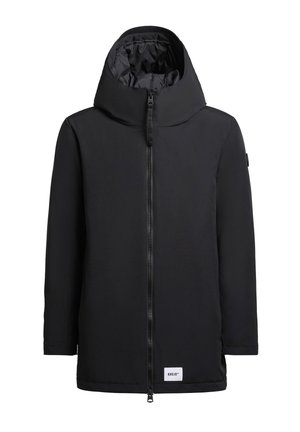 Black insulated jacket with a high collar, zip closure, and side pockets. Features a smooth exterior and a logo patch near the hem.