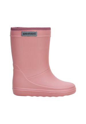 Botte de pluie en caoutchouc rose avec une texture lisse, un bout arrondi et une patch logo gris sur le dessus. Elle dispose d'une semelle striée pour une meilleure adhérence.