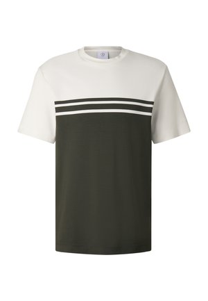 T-Shirt mit kurzen Ärmeln und Rundhalsausschnitt, oben weiß, unten dunkelgrün, mit zwei horizontalen weißen Streifen über der Brust.