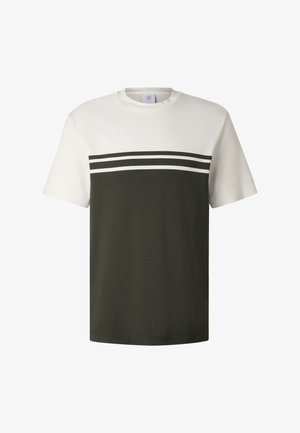T-Shirt mit kurzen Ärmeln und Rundhalsausschnitt, oben weiß, unten dunkelgrün, mit zwei horizontalen weißen Streifen über der Brust.