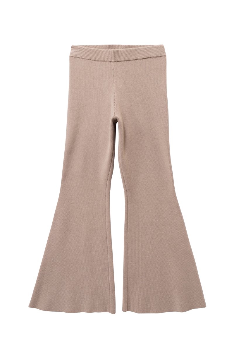 Beige flared leggings van zacht gebreid materiaal. Heeft een aansluitende taille en een brede flare aan de onderkant. Gladde textuur met minimale stiksels.