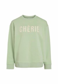 Felpa verde chiaro con scollatura rotonda, polsi e orlo a costine. Presenta la parola “CHÈRIE” in lettere di peluche color crema sul fronte.