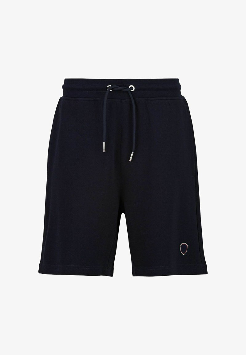 Navy katoenmengsel shorts met een elastische tailleband, trekkoorddetail en een klein logopatch op het linkse been.