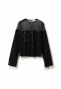 Czarny krótki top z długim rękawem wykonany z przezroczystego materiału siateczkowego, zdobiony wiszącymi cekinami i frędzlami wzdłuż dołu i rękawów.