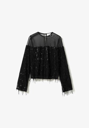 Czarny krótki top z długim rękawem wykonany z przezroczystego materiału siateczkowego, zdobiony wiszącymi cekinami i frędzlami wzdłuż dołu i rękawów.