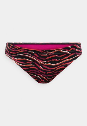 Čierne spodné diely bikín s vlnkovým vzorom ružovej, oranžovej a bielej farby. Mäkký materiál s hladkou textúrou a dizajnom so stredným pásom.
